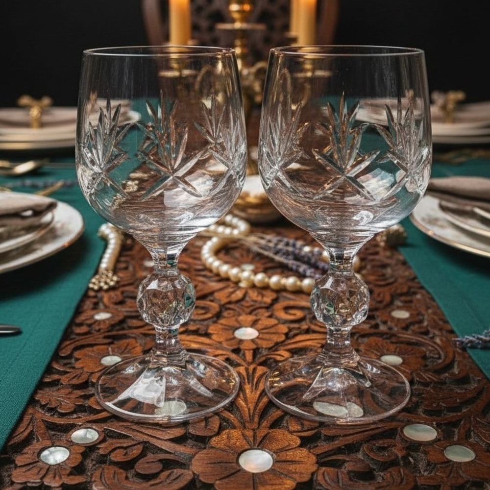 Crystalex Bohemia Fan-Textured Wine Glasses, Set of 2, Vintage Clear Stemware